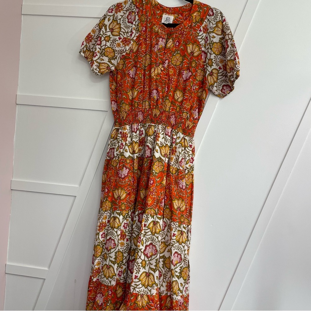 Orange and White Smocked Ruffled Maxi Sundress